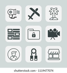 Premium set of outline, fill icons. Such as female, shop, curtain, boy, tropical, projector, transportation, flight, palm, equipment, security, internet, fly, tree, summer, white, airplane, transport