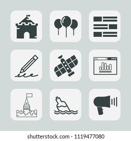 Premium set of outline, fill icons. Such as loudspeaker, speaker, liquid, planet, bright, communication, write, media, old, fantasy, bottle, education, celebration, global, technology, kingdom, clean