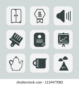 Premium set of outline, fill icons. Such as drawing, achievement, tea, office, sky, glass, equipment, furniture, award, music, competition, drink, volume, mountain, hot, liquid, report, up, kitchen