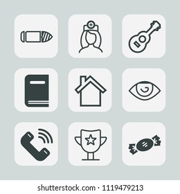 Premium set of outline, fill icons. Such as home, nurse, book, food, call, shot, lollipop, prize, body, reward, music, healthcare, weapon, human, button, candy, war, eye, military, care, doctor, win