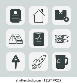Premium set of outline, fill icons. Such as blank, medicine, identity, cardiology, horizontal, medical, estate, white, military, home, cotton, construction, model, rocket, heart, roofing, property, id
