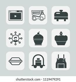 Premium set of outline, fill icons. Such as transport, truck, hamburger, sweet, dessert, media, burger, cargo, baggage, video, car, online, lettuce, white, pie, pinafore, display, water, chef, boiler