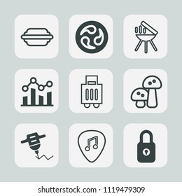 Premium set of outline, fill icons. Such as bun, lock, graph, musical, luggage, white, food, kimono, kamon, burger, trend, japanese, finance, meat, airport, meal, hand, grill, nature, cooking, work