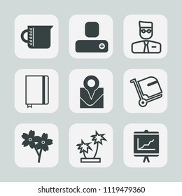 Premium set of outline, fill icons. Such as profile, equipment, sakura, annual, account, travel, add, web, nature, internet, container, transparent, beaker, bag, liquid, report, blossom, paper, book