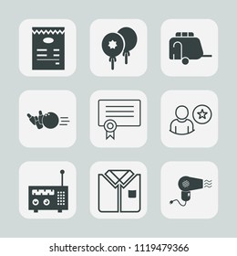 Premium set of outline, fill icons. Such as balloon, vehicle, hairdryer, transportation, tshirt, business, pin, success, shirt, dryer, diploma, transport, technology, air, interface, competition, game