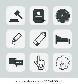 Premium set of outline, fill icons. Such as dvd, hammer, finger, bedroom, id, speech, law, legal, office, mobile, court, furniture, sign, business, tool, element, judge, identity, bubble, record, web