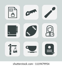 Premium set of outline, fill icons. Such as ball, list, drink, store, football, stadium, kitchen, employer, saw, note, employee, utensil, supermarket, paper, notebook, game, dinner, page, cappuccino