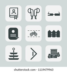 Premium set of outline, fill icons. Such as identity, building, notebook, sign, bicycle, sport, modern, phone, house, dinner, right, sound, audio, note, cycle, bike, contact, plate, stereo, real, book