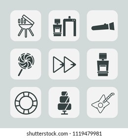 Premium set of outline, fill icons. Such as button, light, player, candy, equipment, cake, musical, cooking, grilled, barbecue, pool, white, rewind, food, summer, medical, night, machine, electric
