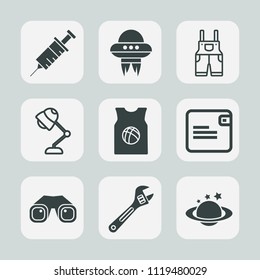 Premium set of outline, fill icons. Such as spaceship, globe, business, dentistry, wear, earth, tool, interior, electricity, wallet, jacket, medicine, money, spacecraft, team, space, lamp, basketball