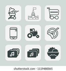 Premium set of outline, fill icons. Such as rice, meat, white, musical, building, old, grill, technology, supermarket, palace, buy, fairytale, fantasy, agriculture, trolley, grilling, tractor, cell