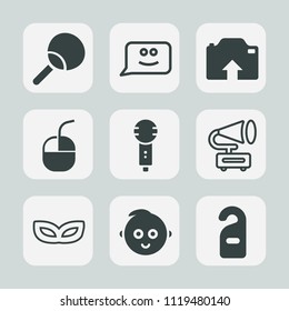 Premium set of outline, fill icons. Such as technology, karaoke, emotion, vintage, privacy, cartoon, photo, baby, cute, play, party, internet, computer, celebration, song, racket, voice, smile, music