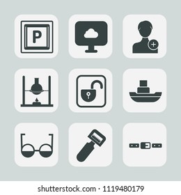 Premium set of outline, fill icons. Such as eye, street, belt, sign, eyeglasses, technology, vessel, potato, user, account, open, peeler, unlock, protection, member, zone, research, car, vegetable