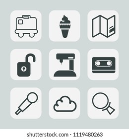 Premium set of outline, fill icons. Such as world, travel, map, earth, machine, luggage, suitcase, mic, magnifying, white, global, sewing, fashion, audio, tourism, search, retro, cloud, bag, vanilla