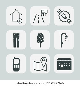 Premium set of outline, fill icons. Such as white, calendar, location, communication, highway, travel, building, construction, decorative, water, traffic, bathroom, food, time, fashion, real, property