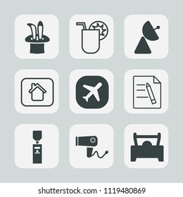 Premium set of outline, fill icons. Such as office, window, liquid, car, plane, house, hair, paper, business, home, summer, alcohol, signal, airplane, tropical, juice, building, network, estate, blow