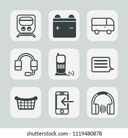 Premium set of outline, fill icons. Such as phone, music, travel, locomotive, track, support, train, sound, stationary, railway, traffic, sign, headset, store, white, full, bus, transport, energy