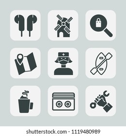 Premium set of outline, fill icons. Such as fashion, environment, boat, cup, power, audio, stereo, water, helmet, store, map, location, industry, electricity, windmill, casual, mill, foreman, energy