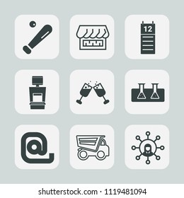 Premium set of outline, fill icons. Such as team, display, tipper, baseball, laboratory, dumper, machine, agenda, screen, wine, reminder, sign, xray, market, technology, american, red, truck, alcohol