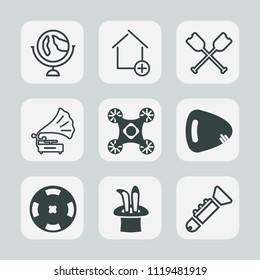Premium set of outline, fill icons. Such as guitar, construction, building, geography, sport, travel, sea, musical, sphere, add, paddle, trumpet, world, control, real, estate, casino, camera, home