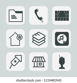 Premium set of outline, fill icons. Such as mobile, home, glass, music, festival, technology, office, internet, film, empty, apartment, paper, house, blank, entertainment, information, communication