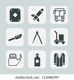 Premium set of outline, fill icons. Such as coat, transportation, cargo, poker, glass, drink, water, divider, rocket, road, hot, bottle, transport, style, sign, package, game, technology, equipment