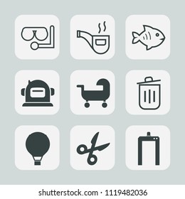 Premium set of outline, fill icons. Such as tobacco, extreme, snorkel, can, food, fish, beach, fishing, classic, garbage, scuba, recycling, parachute, bin, water, seafood, sky, parachuting, baby, mask