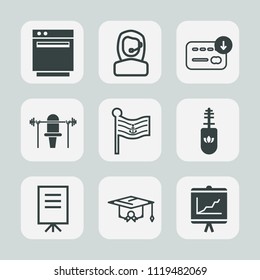 Premium set of outline, fill icons. Such as burner, service, office, college, sport, stove, graduation, call, university, flag, oven, finance, businessman, fitness, cooking, document, computer, people
