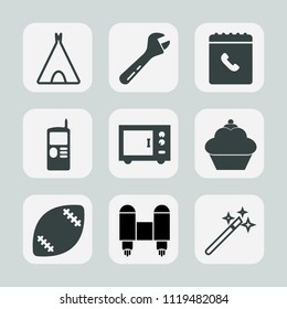 Premium set of outline, fill icons. Such as kitchen, wrench, football, phone, tool, american, landscape, tent, leisure, tourism, spaceship, stadium, ball, sweet, outdoor, internet, repair, oven, space