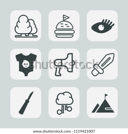 Premium set of outline, fill icons. Such as announcement, element, lunch, trunk, blade, food, medieval, communication, lettuce, knight, environment, pine, green, loudspeaker, tree, health, speaker