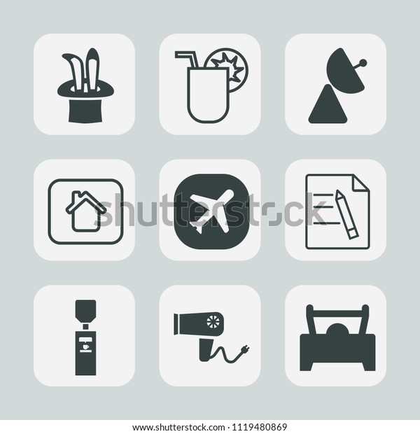 Premium set of outline, fill icons. Such as office,\
window, liquid, car, plane, house, hair, paper, business, home,\
summer, alcohol, signal, airplane, tropical, juice, building,\
network, estate, blow