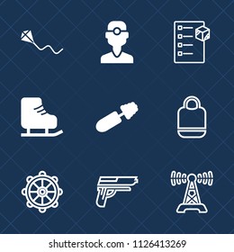 Premium set of outline, fill vector icons. Such as nautical, joy, kid, pistol, leather, makeup, fun, gun, cargo, dental, object, weapon, clinic, radio, technology, ship, childhood, medical, firearm