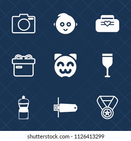 Premium set of outline, fill vector icons. Such as memory, camera, technology, girl, glass, success, bag, gift, alcohol, box, cute, wine, award, photography, kitty, style, card, drink, holiday, kid