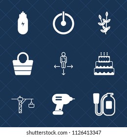 Premium set of outline, fill vector icons. Such as agriculture, style, pie, sign, leather, harvest, button, wheat, sweet, drill, energy, off, technology, concept, web, switch, power, saw, hammer, fire