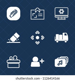 Premium set of outline, fill vector icons. Such as delivery, meeting, computer, white, rubber, music, clip, account, arrow, conference, background, erasing, button, truck, transport, setting, paper