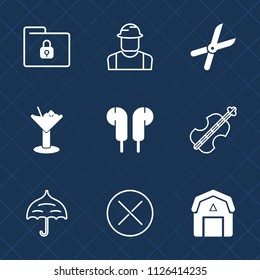 Premium set of outline, fill vector icons. Such as builder, protection, person, close, musical, glass, garden, tool, data, helmet, engineer, audio, violoncello, security, gardening, construction, cut