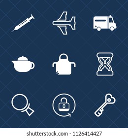 Premium set of outline, fill vector icons. Such as security, airplane, unlock, chef, sand, find, fly, needle, plane, breakfast, transportation, teapot, kitchen, protection, hospital, aviation, tool