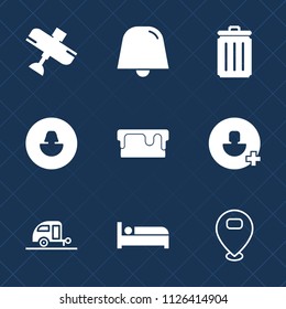 Premium set of outline, fill vector icons. Such as sign, user, travel, bed, food, caravan, journey, plane, trailer, airplane, notification, account, can, bin, dessert, aviation, flight, profile, add