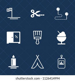 Premium set of outline, fill vector icons. Such as tent, point, candle, black, beach, light, brush, paintbrush, blue, ocean, remote, food, sign, flame, position, map, furniture, travel, interior, fire