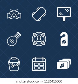 Premium set of outline, fill vector icons. Such as sign, music, banner, holiday, customer, marketing, skateboard, container, celebration, business, timetable, skater, instrument, motel, party, label