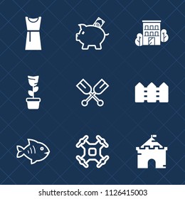 Premium set of outline, fill vector icons. Such as house, drone, finance, water, dress, boat, clothes, home, estate, medieval, sea, pig, female, fashion, paddle, elegance, bank, architecture, aerial