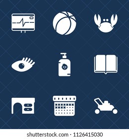 Premium set of outline, fill vector icons. Such as desk, soccer, pulse, game, gardening, book, office, fun, timetable, crab, time, life, goal, football, face, grass, beautiful, heart, kid, lawn, sea