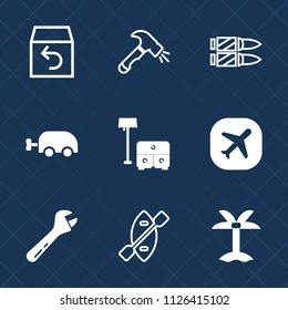 Premium set of outline, fill vector icons. Such as paddle, wrench, chair, tropical, shovel, steel, bullet, service, airplane, palm, table, sofa, horizontal, construction, tool, equipment, screwdriver