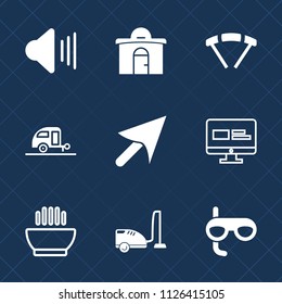 Premium set of outline, fill vector icons. Such as up, hot, building, volume, sign, architecture, concept, vacuum, city, website, dinner, housework, dish, skydiver, equipment, travel, extreme, mask