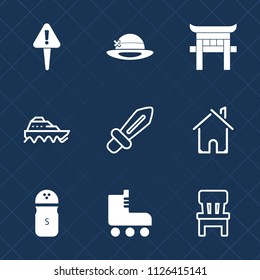 Premium set of outline, fill vector icons. Such as hat, pepper, building, seasoning, sword, comfortable, architecture, fun, medieval, torii, food, house, water, interior, sport, transport, estate, web