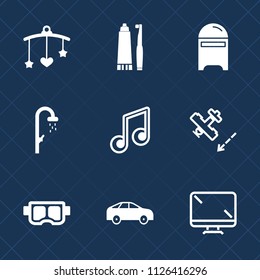 Premium set of outline, fill vector icons. Such as bathroom, cute, tooth, nursery, mailbox, snorkel, mask, dental, bus, note, airplane, toy, monitor, water, bath, move, shower, mobile, sea, envelope
