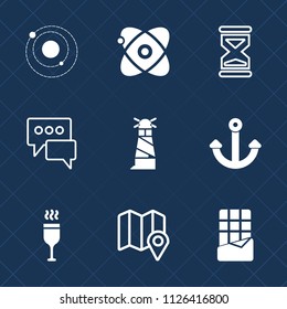 Premium set of outline, fill vector icons. Such as location, minute, beacon, travel, message, pin, bubble, communication, space, sweet, marine, light, watch, countdown, solar, map, alcohol, sky, chat