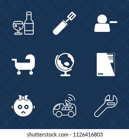 Premium set of outline, fill vector icons. Such as file, wrench, pan, child, carriage, satellite, repair, car, spanner, account, pictogram, tool, alcohol, glass, delete, winery, technology, drink, red