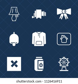 Premium set of outline, fill vector icons. Such as lamp, closed, light, pasta, glass, suit, alarm, alert, switch, restaurant, building, fashion, object, jar, clothing, tie, jacket, italian, sound, jam
