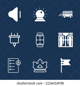 Premium set of outline, fill vector icons. Such as home, travel, time, curtain, sorcery, watch, transportation, electricity, hand, volume, minute, interior, royal, flag, business, speed, king, clock